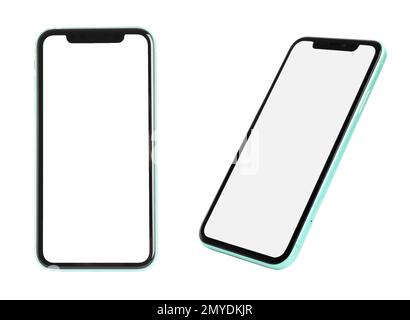 MYKOLAIV, UKRAINE - JULY 07, 2020: New modern iPhone 11 on white background. Mockup for design Stock Photo