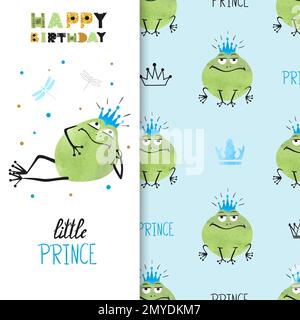 Happy Birthday card design with cute Prince Frog. Vector illustration. Stock Vector