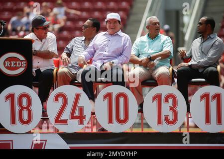 Former MLB player Dave Concepcion throws the ceremonial first pitch before  a baseball game between the Miami Marlins and the Detroit Tigers, Saturday,  July 29, 2023, in Miami. (AP Photo/Marta Lavandier Stock