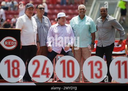 Former MLB player Dave Concepcion throws the ceremonial first pitch before  a baseball game between the Miami Marlins and the Detroit Tigers, Saturday,  July 29, 2023, in Miami. (AP Photo/Marta Lavandier Stock