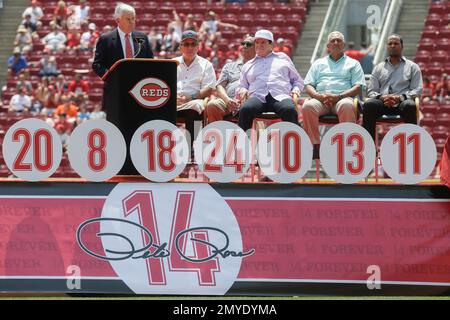 Former MLB player Dave Concepcion throws the ceremonial first pitch before  a baseball game between the Miami Marlins and the Detroit Tigers, Saturday,  July 29, 2023, in Miami. (AP Photo/Marta Lavandier Stock