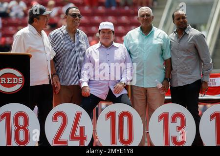 Former MLB player Dave Concepcion throws the ceremonial first pitch before  a baseball game between the Miami Marlins and the Detroit Tigers, Saturday,  July 29, 2023, in Miami. (AP Photo/Marta Lavandier Stock