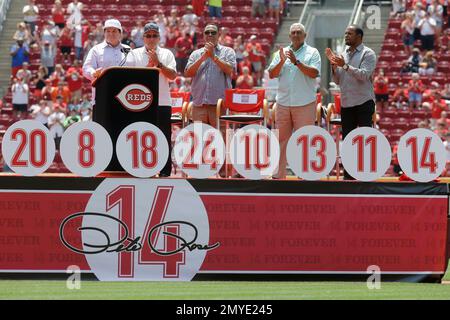 Former MLB player Dave Concepcion throws the ceremonial first pitch before  a baseball game between the Miami Marlins and the Detroit Tigers, Saturday,  July 29, 2023, in Miami. (AP Photo/Marta Lavandier Stock