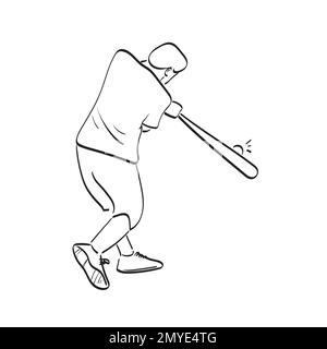 line art baseball batter hitting the ball illustration vector hand drawn isolated on white background Stock Vector