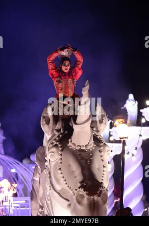 Carnival of Venice: the parade of dreamers glides along the waters of the Grand Canal amidst fire, dance, music and acrobatics. They are the magical creatures, the voices, the dancing bodies of the dancers and acrobats who this evening kicked off the official opening of the Venice Carnival 2023 'Take Your Time For The Original Signs'. A majestic floating stage, with some scenography from operas staged at the Teatro La Fenice, crossed the waters of the most famous canal in the world to give life to a performance, 'Original Dreamers', which captivated the audience. An hour-long journey, from the Stock Photo