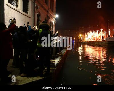 Carnival of Venice: the parade of dreamers glides along the waters of the Grand Canal amidst fire, dance, music and acrobatics. They are the magical creatures, the voices, the dancing bodies of the dancers and acrobats who this evening kicked off the official opening of the Venice Carnival 2023 'Take Your Time For The Original Signs'. A majestic floating stage, with some scenography from operas staged at the Teatro La Fenice, crossed the waters of the most famous canal in the world to give life to a performance, 'Original Dreamers', which captivated the audience. An hour-long journey, from the Stock Photo