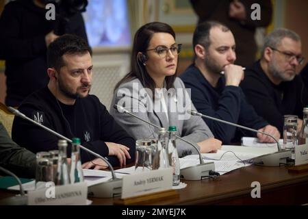 Kyiv, Ukraine. 03rd Feb, 2023. Ukrainian President Volodymyr Zelenskyy, left, First Vice Prime Minister Yulia Svyrydenko, center, and Infrastructure Minster Oleksandr Kubrakov, right, listen during at the 24th EU-Ukraine Summit meeting with the European delegation lead by European Commission President Ursula von der Leyen, and European Council President Charles Michel, at the Mariinsky Palace, February 3, 2023 in Kyiv, Ukraine. Credit: Pool Photo/Ukrainian Presidential Press Office/Alamy Live News