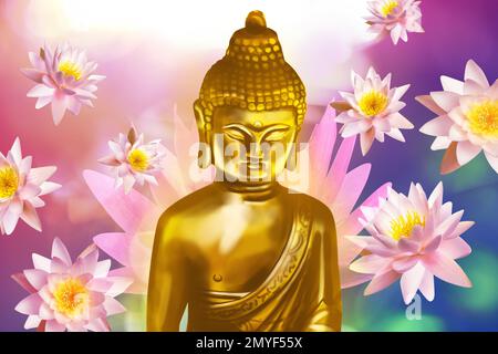 Buddha figure surrounded by lotus flowers on bright background Stock Photo