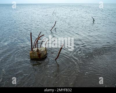 Reinforced concrete sticking out of the water. Remains of the structure. Abandoned. Armature at sea. A pile driven into the bottom of the sea. ruined Stock Photo