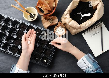 Woman planting vegetable seeds at table, closeup Stock Photo