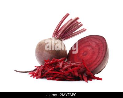 Whole, cut and grated red beets on white background Stock Photo
