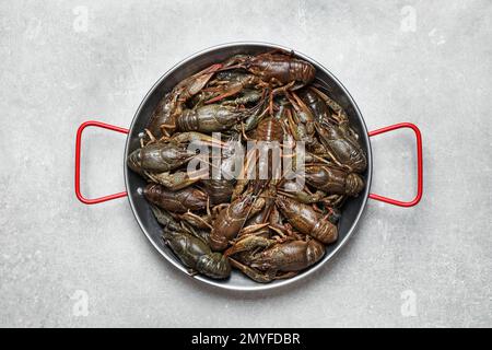 Fresh raw crayfishes on grey table, top view Stock Photo