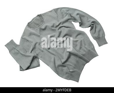 Warm grey sweater on white background, top view Stock Photo