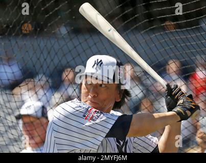 Former New York Yankees outfielder and 2009 World Series MVP Hideki Matsui  watches from the dugout during Yankees 68th Annual Old-Timers Day at Yankee  Stadium in New York, Sunday, June 22, 2014. (AP Photo/Kathy Willens Stock  Photo - Alamy