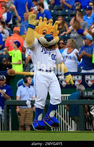 Kansas City Royals mascot Sluggerrr waves a flag before a baseball game  against the Cleveland Guardians in Kansas City, Mo., Sunday, April. 10,  2022. (AP Photo/Colin E. Braley Stock Photo - Alamy