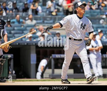 Former New York Yankees outfielder and 2009 World Series MVP Hideki Matsui  watches from the dugout during Yankees 68th Annual Old-Timers Day at Yankee  Stadium in New York, Sunday, June 22, 2014. (AP Photo/Kathy Willens Stock  Photo - Alamy