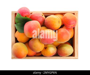 Delicious ripe apricots in wooden crate isolated on white, top view Stock Photo