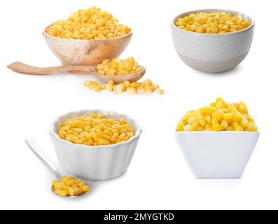 Collage with delicious canned corn on white background Stock Photo