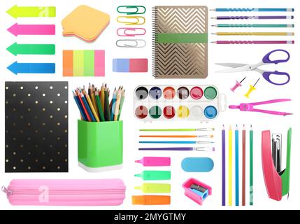Set of bright school stationery on white background Stock Photo