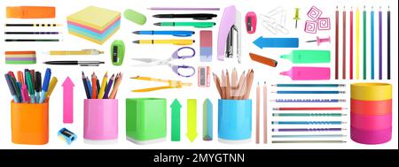 Set of bright school stationery on white background. Banner design Stock Photo