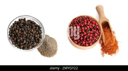 Bowls with red and black peppercorns on white background. Banner design Stock Photo