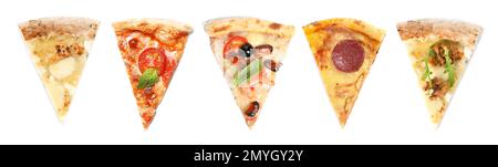 Set with pieces of different pizzas on white background, top view. Banner design Stock Photo