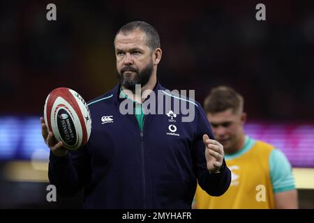 Cardiff, UK. 04th Feb, 2023. Andy Farrell, the head coach of Ireland rugby team ahead of the game. Guinness Six Nations championship 2023 match, Wales v Ireland at the Principality Stadium in Cardiff on Saturday 4th February 2023. pic by Andrew Orchard/Andrew Orchard sports photography/ Alamy Live News Credit: Andrew Orchard sports photography/Alamy Live News Stock Photo