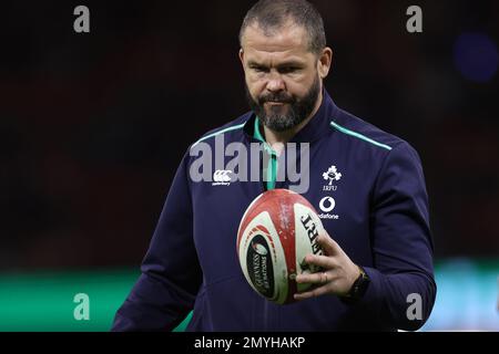 Cardiff, UK. 04th Feb, 2023. Andy Farrell, the head coach of Ireland rugby team ahead of the game. Guinness Six Nations championship 2023 match, Wales v Ireland at the Principality Stadium in Cardiff on Saturday 4th February 2023. pic by Andrew Orchard/Andrew Orchard sports photography/ Alamy Live News Credit: Andrew Orchard sports photography/Alamy Live News Stock Photo