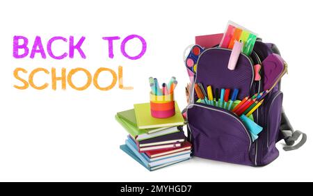 Text Back To School and backpack with different stationery on white background Stock Photo