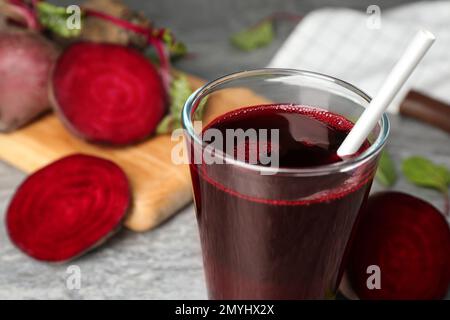 Freshly made beet juice on table, closeup Stock Photo