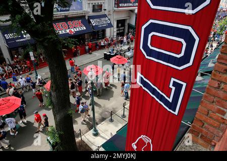 Fans gather on Yawkey Way at Fenway Park, Boston Red Sox Stock