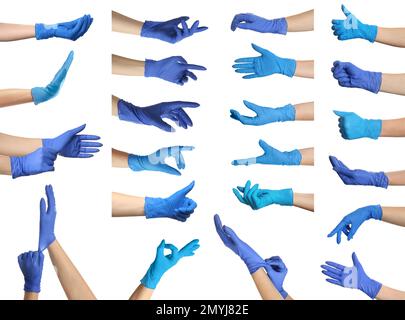 Protect your hands - wear rubber gloves. Photos in collage on white background Stock Photo