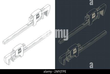Stylized vector illustrations of isometric blueprints of pipe wrench Stock Vector