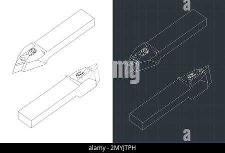 Stylized vector illustrations of isometric blueprints of inclined cutting tool for CNC lathe Stock Vector