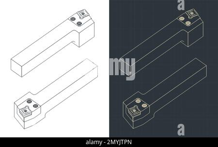 Stylized vector illustrations of isometric blueprints of cutting tool for lathe with vertical axis of rotation Stock Vector