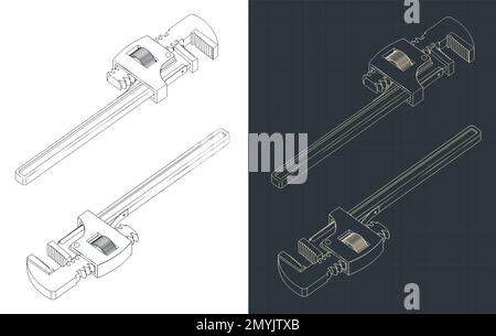 Stylized vector illustrations of isometric blueprints of pipe wrench Stock Vector