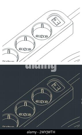 Stylized vector illustrations of isometric drawings of extension cord with 6 sockets outlet earthed close up Stock Vector