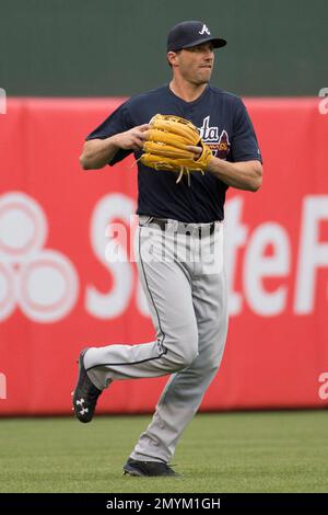 Atlanta Braves left fielder Jeff Francoeur (18) prepares for the game  against the Colorado Rockies, July 23, 2016 in Denver. (Margaret Bowles via  AP Images Stock Photo - Alamy