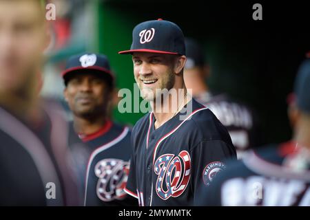 The jersey of Washington Nationals' Bryce Harper is signed on the letters  as he prepares to bat during the inning first inning against the New York  Mets at Nationals Park, Sunday, Sept.