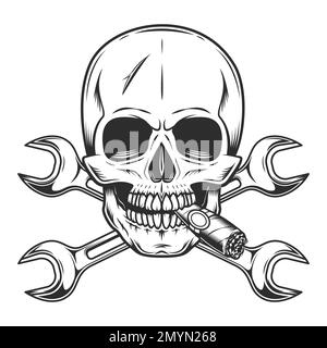 skull car with cigarette Vintage skull smoking cigar or cigarette smoke with body shop service car  and truck mechanic repair tool crossed wrench or construction for gas Stock  Vector Image & Art