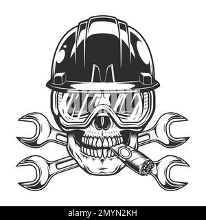 Vintage skull smoking cigar or cigarette smoke in hard hat and glasses with body shop service car and truck mechanic repair tool crossed wrench Stock Vector