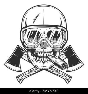 Skull smoking cigar or cigarette smoke in safety glasses and crossed metal ax with handle made of wood. Element for business woodworking or lumberjack Stock Vector