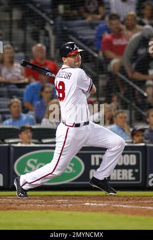 Atlanta Braves left fielder Jeff Francoeur (18) prepares for the game  against the Colorado Rockies, July 23, 2016 in Denver. (Margaret Bowles via  AP Images Stock Photo - Alamy