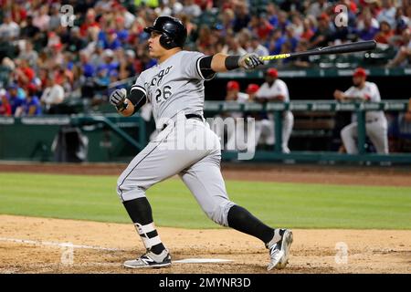 Texas Rangers' Todd Frazier follows through on a home run swing