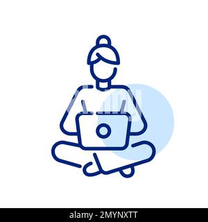 Cozy home office. Girl in pyjamas sitting with a laptop on her knees. Pixel perfect, editable stroke line icon Stock Vector