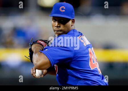 Chicago Cubs reliever Pedro Strop gestures after finishing the sixth inning  against the Cleveland Indians in game 1 of the World Series at Progressive  Field in Cleveland, Ohio on October 25, 2016.
