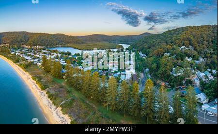 Sunrise panorama over the bay, creek and mountain ranges at Patonga on the Central Coast of NSW, Australia. Stock Photo