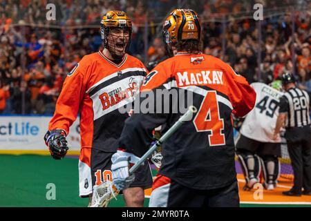February 4th, 2023: Buffalo Bandits forward Brad McCulley (10) celebrates after scoring a goal in the third quarter against the Rochester Knighthawks. The Buffalo Bandits hosted the Rochester Knighthawks in an National Lacrosse League game at KeyBank Center in Buffalo, New York. (Jonathan Tenca/CSM) Stock Photo