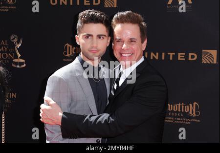 Max Ehrich, left, and Christian LeBlanc arrive at the 43rd annual Daytime Emmy Awards at the Westin Bonaventure Hotel on Sunday, May 1, 2016, in Los Angeles. (Photo by Richard Shotwell/Invision/AP)