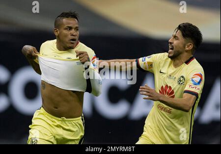 America's Michael Arroyo, celebrates after scoring against Tigres